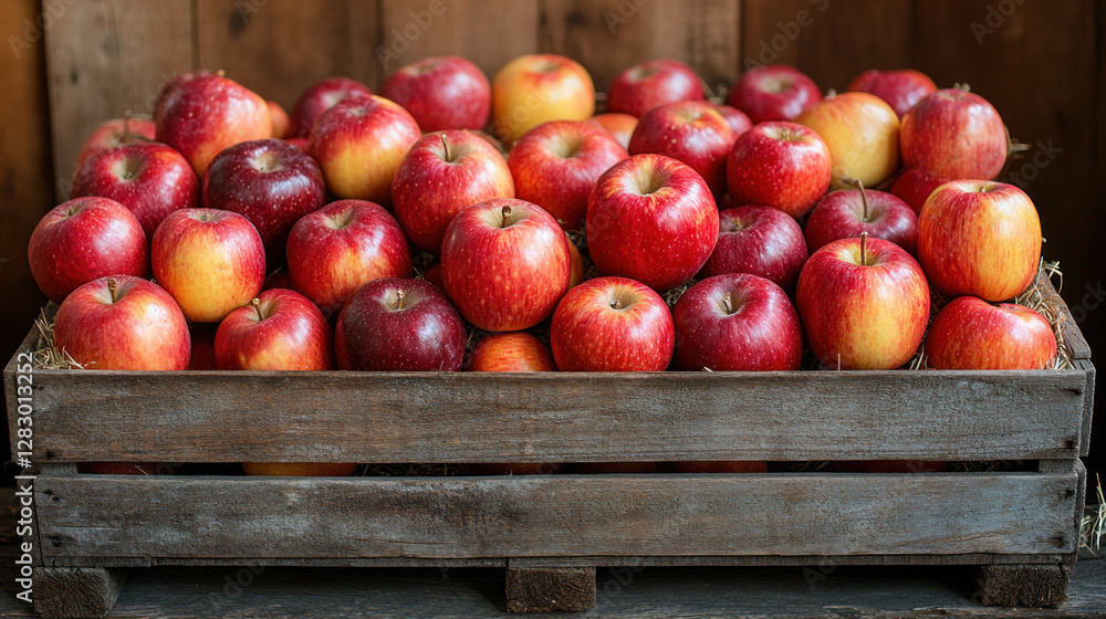 Fall background featuring apples and pumpkins arranged in a rustic wooden crate on hay Fall background featuring apples and pumpkins arranged in a rustic wooden crate on hay