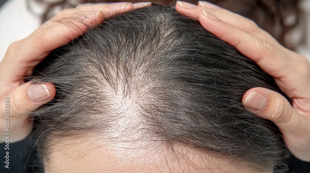 Fototapeta premium Hair loss treatment techniques for thinning hair home environment tutorial content personal care close-up view wellness focus