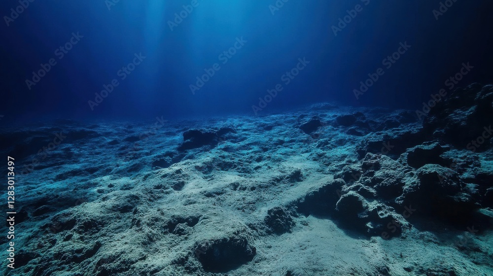 Fototapeta premium Deep Ocean Floor Dark Blue Underwater Scene with Rocky Seabed and Sunlight Beams