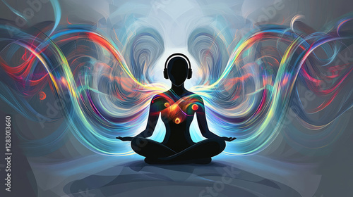A person surrounded by swirling sound waves, symbolizing the healing power of music therapy on the body and mind.