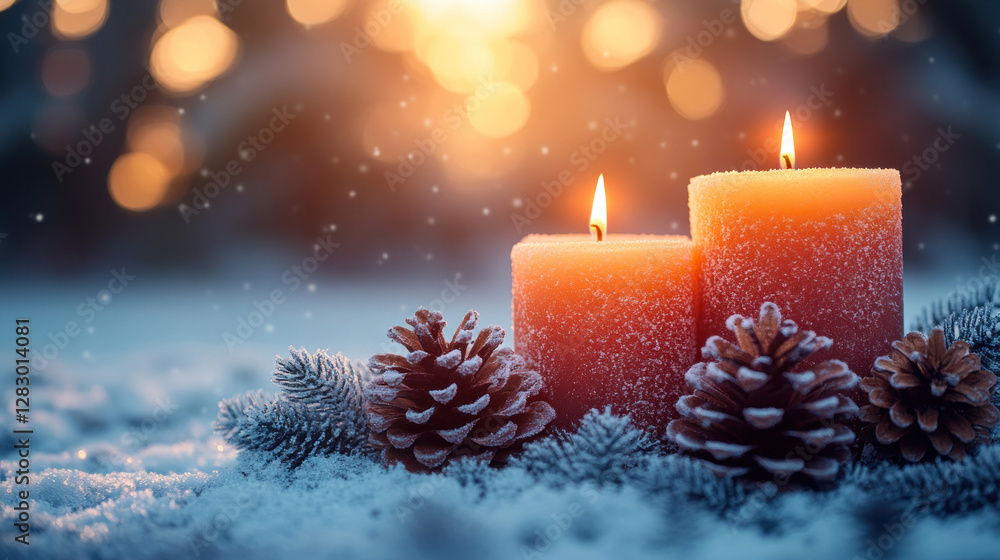 Holiday background featuring frosted pinecones, candles, and a soft snow overlay Holiday background featuring frosted pinecones, candles, and a soft snow overlay
