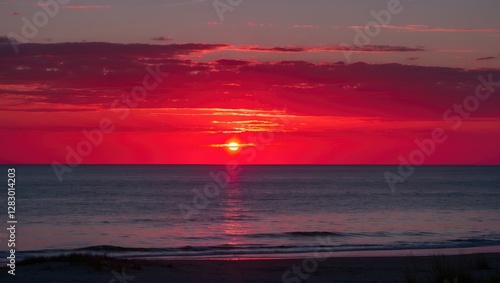 Fototapeta Naklejka Na Ścianę i Meble -  Vibrant red sunset over the Baltic Sea viewed from the beach creating a serene evening atmosphere perfect for relaxation and reflection.