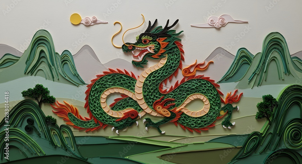 Magnificent Green Dragon Soaring Over Serene Mountains in Paper Art Magnificent Green Dragon Soaring Over Serene Mountains in Paper Art