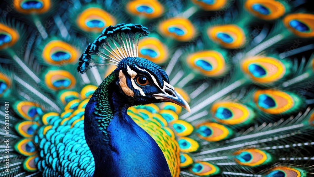 Vibrant close-up portrait of a male peacock showcasing iridescent feathers in a colorful and detailed display of natural beauty. Vibrant close-up portrait of a male peacock showcasing iridescent feathers in a colorful and detailed display of natural beauty.