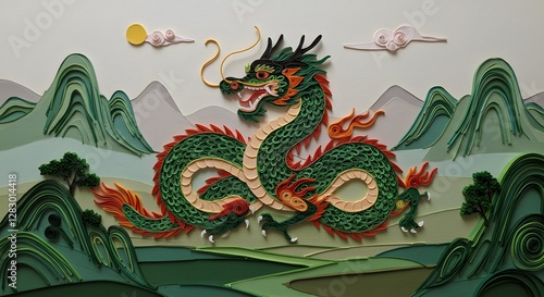 Magnificent Green Dragon Soaring Over Serene Mountains in Paper Art