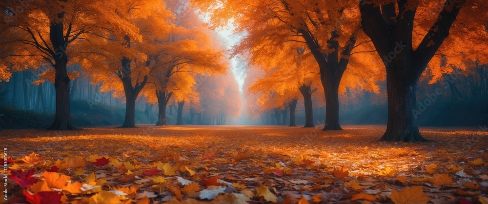 Enchanting autumn landscape with vibrant orange foliage and a serene pathway through the trees illuminated by soft morning light. Enchanting autumn landscape with vibrant orange foliage and a serene pathway through the trees illuminated by soft morning light.