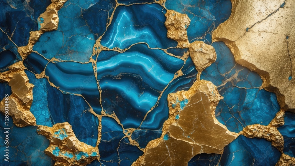 Fototapeta premium Unique blue and gold marble texture with natural stone patterns, creating a luxurious and vintage grunge background design.