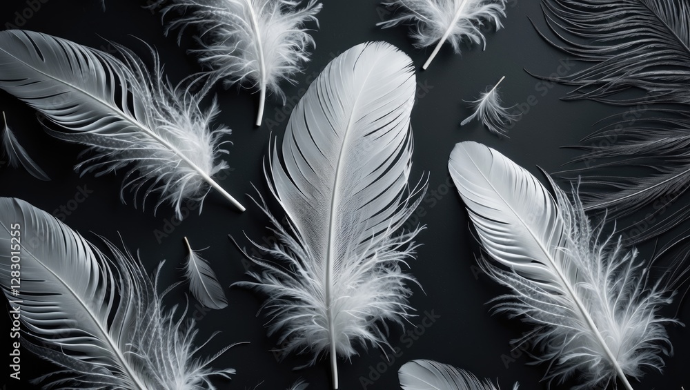 Obraz premium Elegant black and white feather texture background showcasing vintage aesthetic and subtle intricacies of nature's beauty and design.