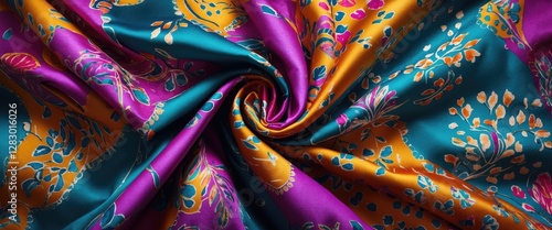 Colorful floral patterned silk fabric with a vibrant twist and draped texture showcasing intricate designs. photo