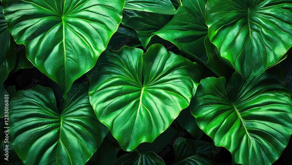 Obraz premium Green tropical leaves with detailed texture and vibrant color, close-up view of lush foliage background