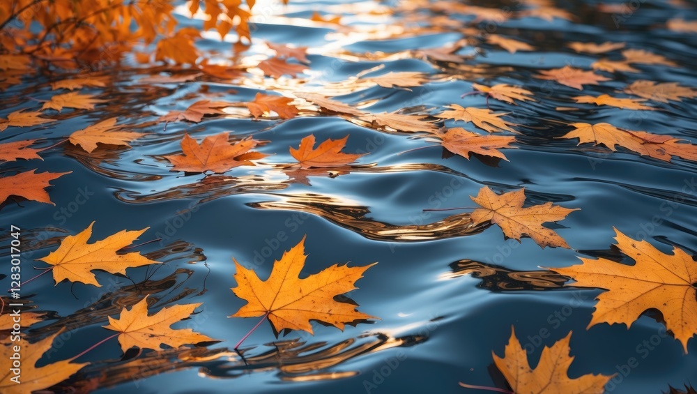 Autumn leaves floating on a gentle rippling water surface creating a serene and tranquil natural landscape scene. Autumn leaves floating on a gentle rippling water surface creating a serene and tranquil natural landscape scene.