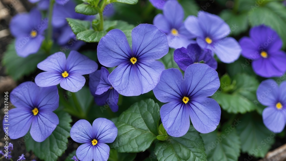 Purple flowers with yellow centers in a garden setting surrounded by green leaves. Close-up image of Viola flowers in bloom.