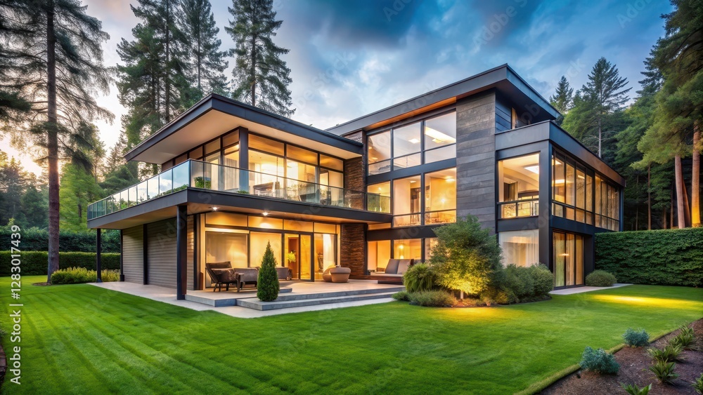 Large modern house with expansive windows overlooking a serene and lush backyard surrounded by tall trees and vibrant greenery, nature, home decor Large modern house with expansive windows overlooking a serene and lush backyard surrounded by tall trees and vibrant greenery, nature, home decor