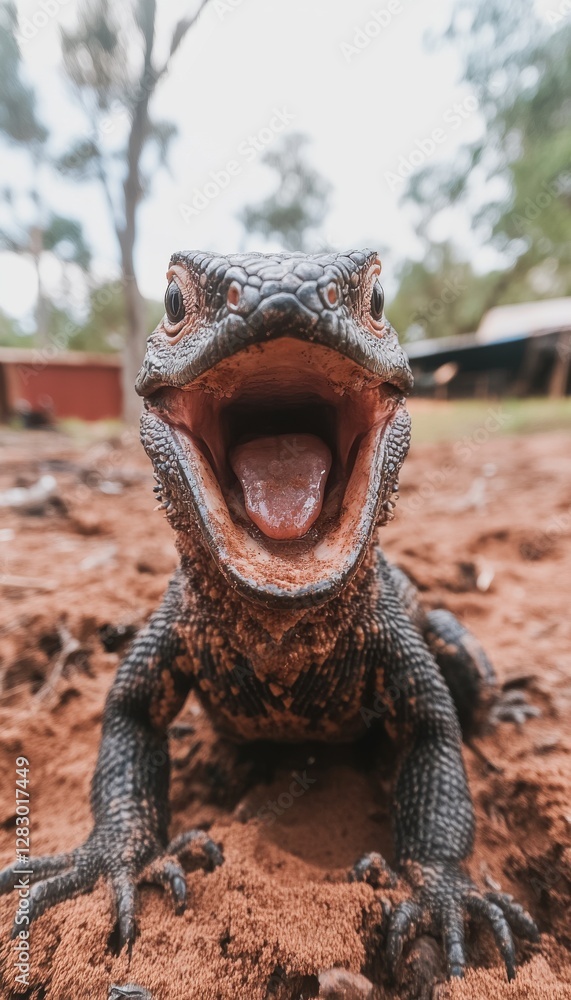 Obraz premium A lizard with its mouth wide open, showing its tongue. The lizard is in the dirt.