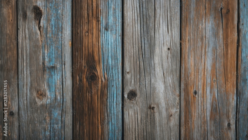 Textured wooden wall with a mix of gray, brown, and blue planks showcasing natural grain patterns and rustic charm Textured wooden wall with a mix of gray, brown, and blue planks showcasing natural grain patterns and rustic charm