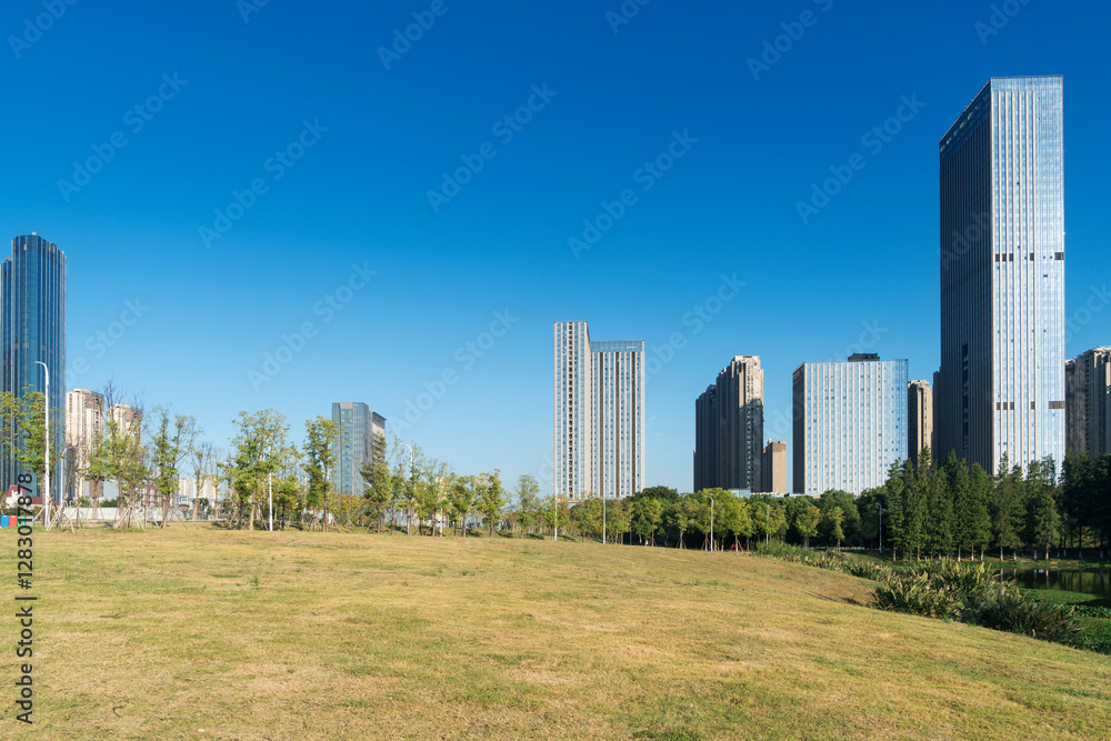 city park with modern building background in shanghai city park with modern building background in shanghai