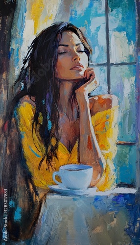 Relaxed woman sitting at the window with a cup of coffee