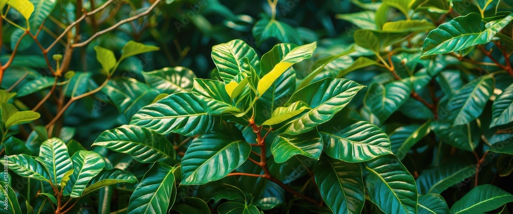 Naklejka premium Lush green leaves with intricate patterns and glossy textures in natural setting for botanical and nature themes