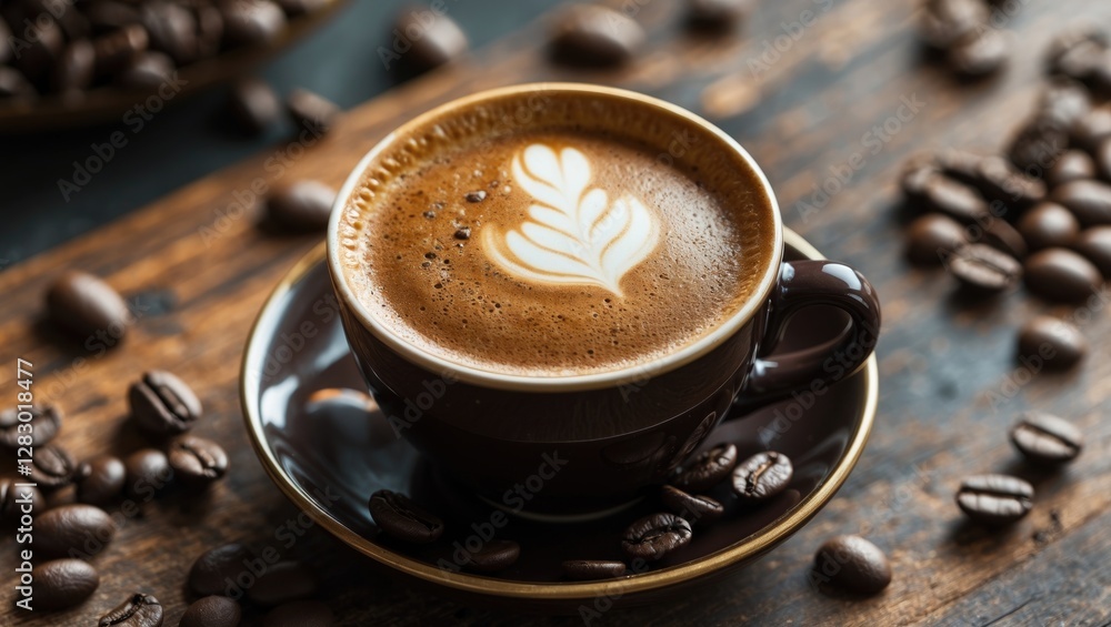 Coffee cup with latte art on wooden table surrounded by coffee beans in a dark setting. Coffee cup with latte art on wooden table surrounded by coffee beans in a dark setting.