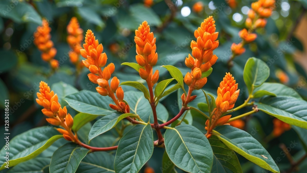 Vibrant orange flowers with lush green leaves in a natural garden setting during daytime showcasing botanical beauty and plant life Vibrant orange flowers with lush green leaves in a natural garden setting during daytime showcasing botanical beauty and plant life