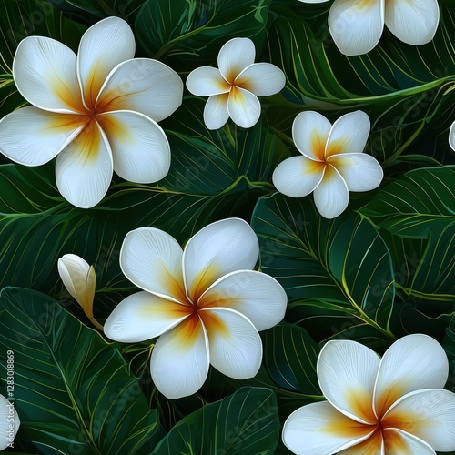 Plumeria flower plant flora bloom botany seamless pattern ornament design, tile