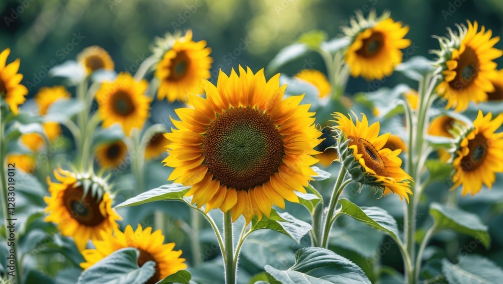 Obraz premium Vibrant Closeup of Sunflowers in Bloom Surrounded by Lush Greenery Perfect for Summer Floral Backgrounds and Natural Designs