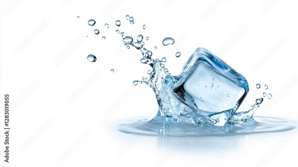 Ice Cube Splashing in Water on White Background. Generative AI Ice Cube Splashing in Water on White Background. Generative AI