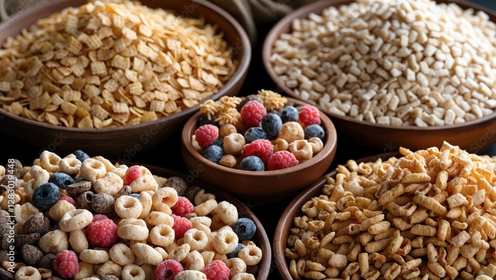 Assorted cereals in bowls including flakes, rings, and puffed varieties with berries on a dark surface Assorted cereals in bowls including flakes, rings, and puffed varieties with berries on a dark surface