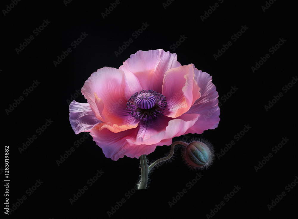 Fototapeta premium A beautiful pink flower with a deep purple center and a small bud is isolated against a contrasting black background, creating a striking visual.