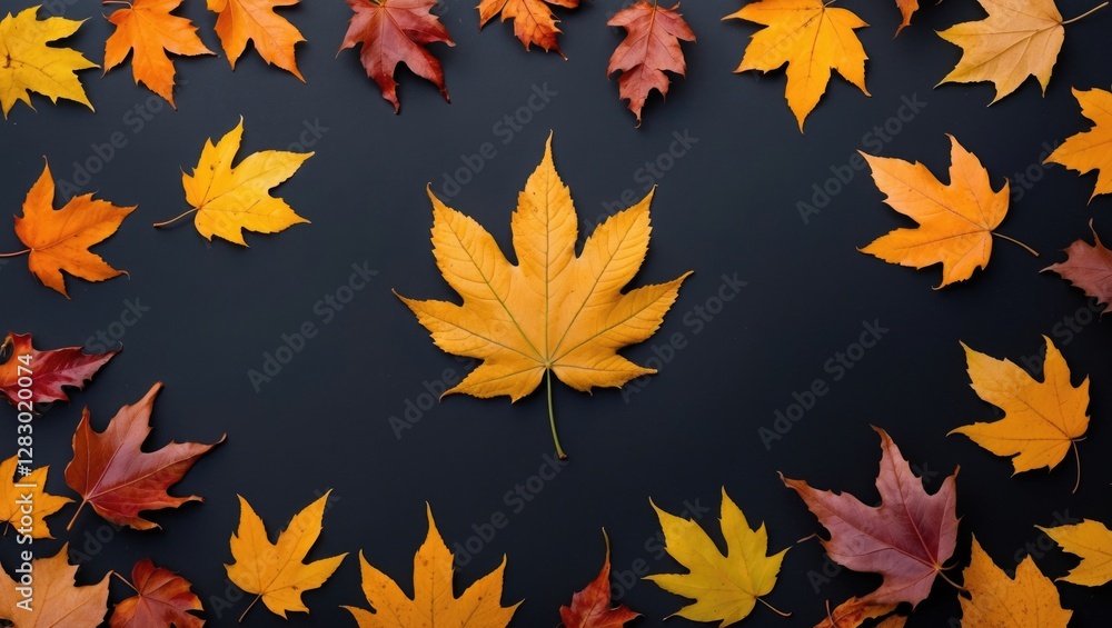 Collection of colorful autumn leaves arranged on a dark background creating a natural pattern in warm hues of orange yellow and red Collection of colorful autumn leaves arranged on a dark background creating a natural pattern in warm hues of orange yellow and red