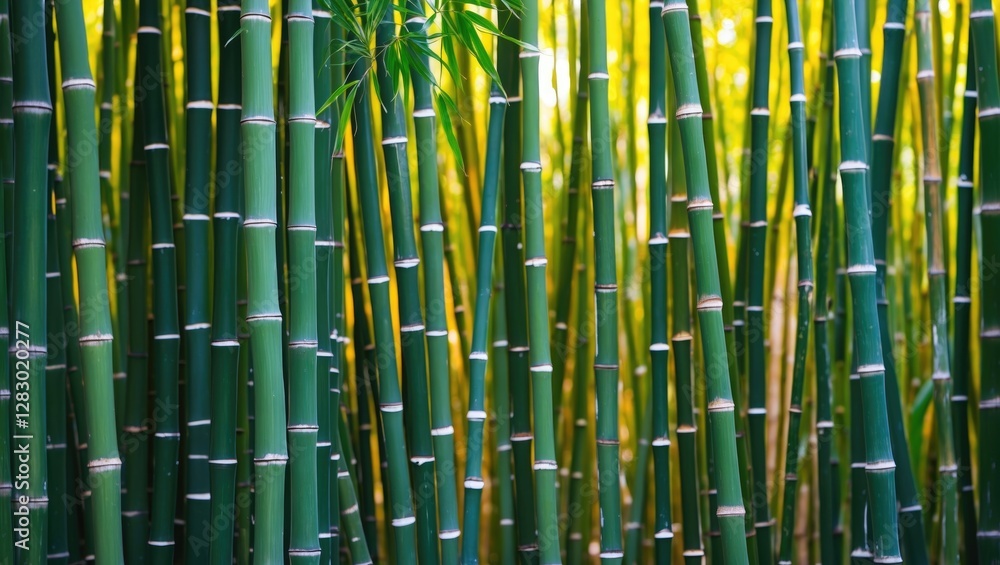 Fototapeta premium Lush bamboo forest background showcasing tall green stalks with natural light filtering through creating a serene and tranquil atmosphere.