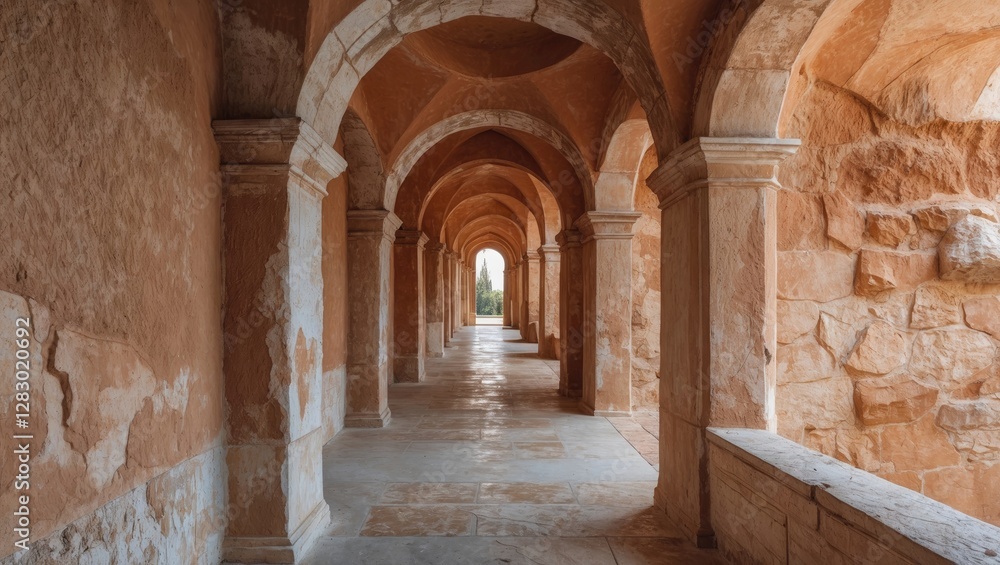 Ancient architectural corridor with arched stone walls and warm earthy tones creating a captivating historical ambiance in a peaceful setting Ancient architectural corridor with arched stone walls and warm earthy tones creating a captivating historical ambiance in a peaceful setting