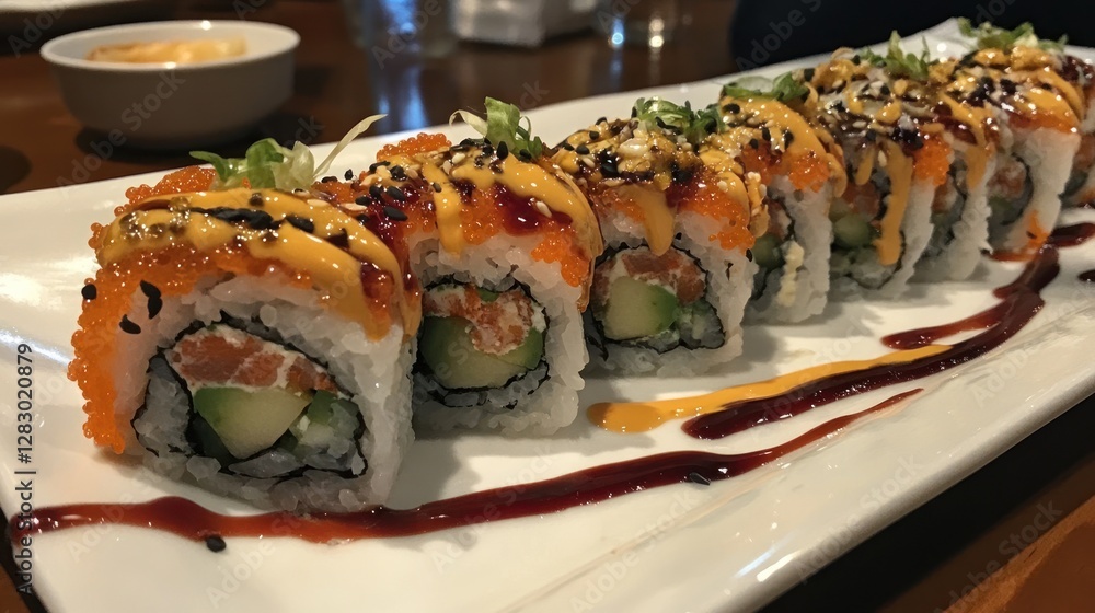 Delicious Spicy Salmon Sushi Roll with Tobiko and Creamy Sauce Delicious Spicy Salmon Sushi Roll with Tobiko and Creamy Sauce