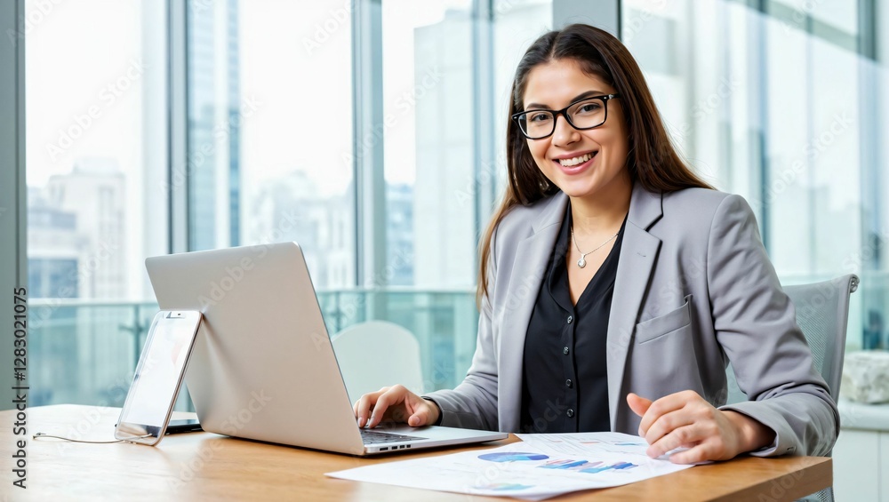 Confident Businesswoman Working on Laptop in a Bright Modern Office with City View Confident Businesswoman Working on Laptop in a Bright Modern Office with City View