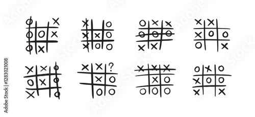 Hand drawn tic tac toe game, doodle X-O children game. Noughts and win. Play tictactoe draw.