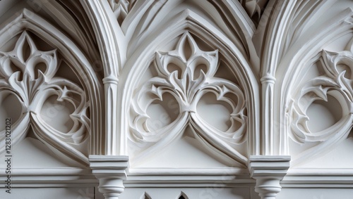 Gothic architectural detail of intricately carved white stone arches with floral motifs and symmetrical designs photo