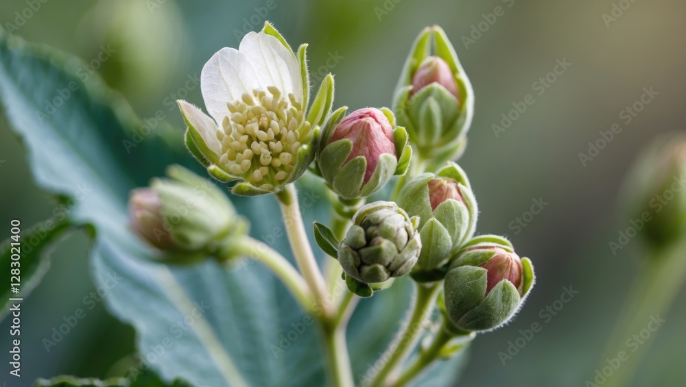 Close-up of flower buds and blooms on a leafy plant with soft focus background in natural light Close-up of flower buds and blooms on a leafy plant with soft focus background in natural light