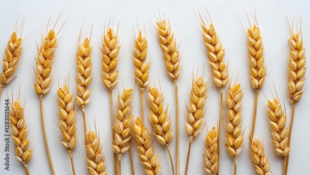 Golden wheat ears arranged on a white background displaying texture and agricultural elements in a minimalist composition. Golden wheat ears arranged on a white background displaying texture and agricultural elements in a minimalist composition.