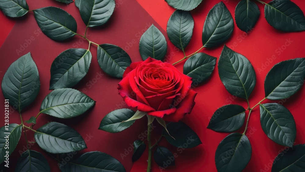 custom made wallpaper toronto digitalRed rose flower surrounded by dark green leaves on a vibrant red background in a minimalist floral arrangement