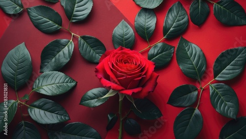 Wallpaper Mural Red rose flower surrounded by dark green leaves on a vibrant red background in a minimalist floral arrangement Torontodigital.ca