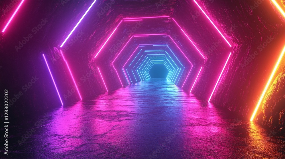 Fototapeta premium futuristic glowing neon hexagon tunnel with digital light lines and geometric illuminated pattern creating a sci-fi cyber space background with vibrant dynamic energy