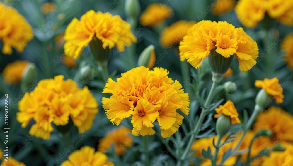 Close-up of vibrant yellow marigold flowers in full bloom with green foliage in the background Close-up of vibrant yellow marigold flowers in full bloom with green foliage in the background