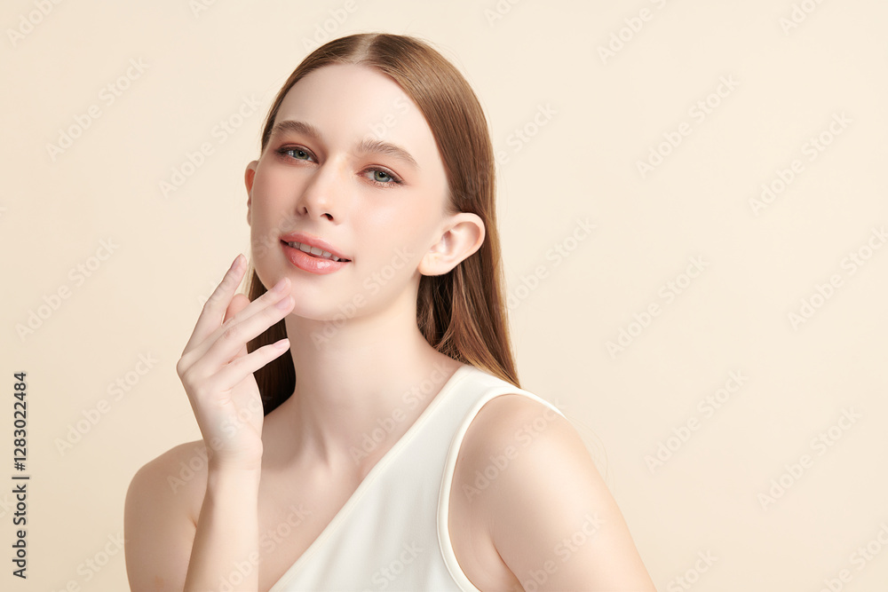 Beautiful young woman with clean fresh skin on beige background, Face care, Facial treatment, Cosmetology, beauty and spa, women portrait. Beautiful young woman with clean fresh skin on beige background, Face care, Facial treatment, Cosmetology, beauty and spa, women portrait.