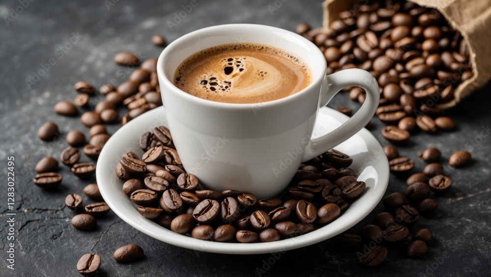 Coffee cup surrounded by coffee beans with a burlap bag in the background on a dark textured surface Coffee cup surrounded by coffee beans with a burlap bag in the background on a dark textured surface