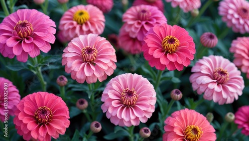 Colorful blooming zinnia flowers in shades of pink and coral with green foliage in a garden setting. photo