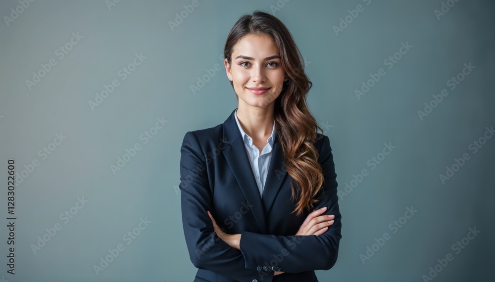 Confident young businesswoman smiling in a suit standing in an office setting Confident young businesswoman smiling in a suit standing in an office setting