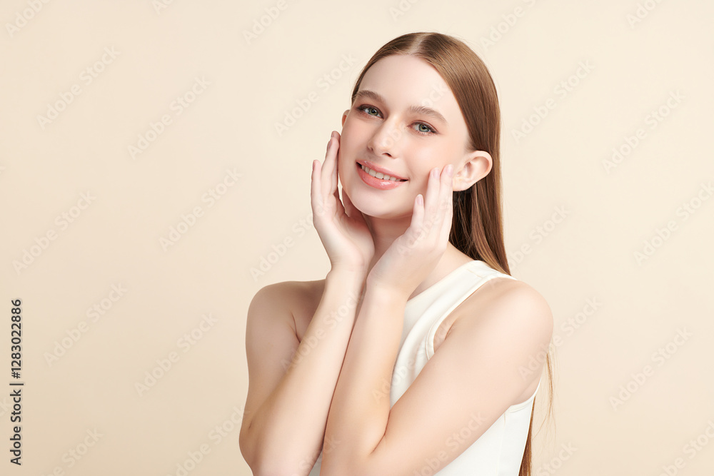 Beautiful young woman with clean fresh skin on beige background, Face care, Facial treatment, Cosmetology, beauty and spa, women portrait. Beautiful young woman with clean fresh skin on beige background, Face care, Facial treatment, Cosmetology, beauty and spa, women portrait.