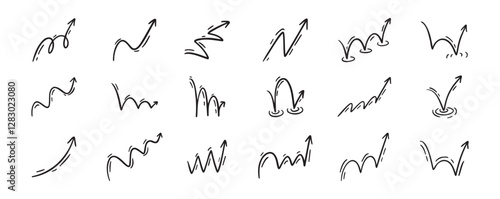 Bounce effect arrows doodle set. Manga and comic stile arrow design elements. Ball jump trajectory, ball motion expression