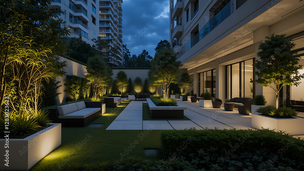 Obraz premium Serene evening oasis: Modern city courtyard bathed in soft warm light, featuring minimalist seating and lush greenery.