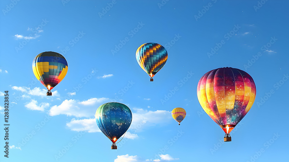 Fototapeta premium Colorful Hot Air Balloons Floating Against a Bright Blue Sky with White Fluffy Clouds
